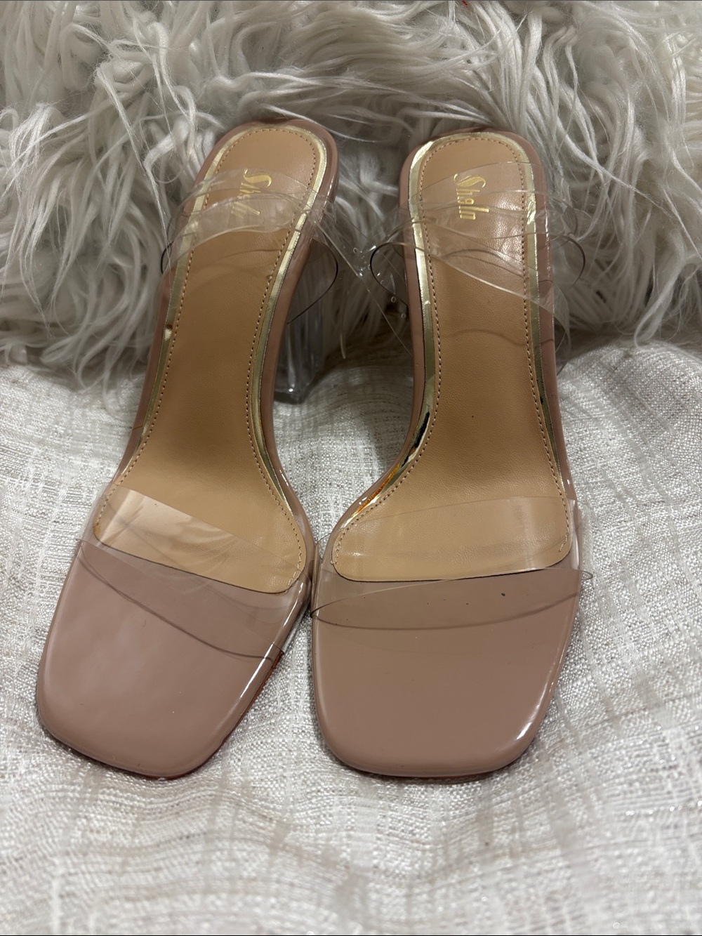Clear Strap Nude Block Heel Sandals by Seoul